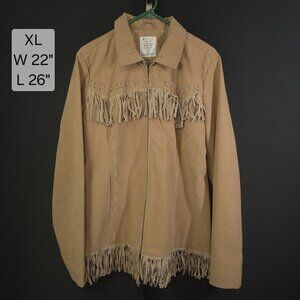 Fornia Fringe Jacket Womens XL Tan Faux Suede Western Southwestern Boho Festival